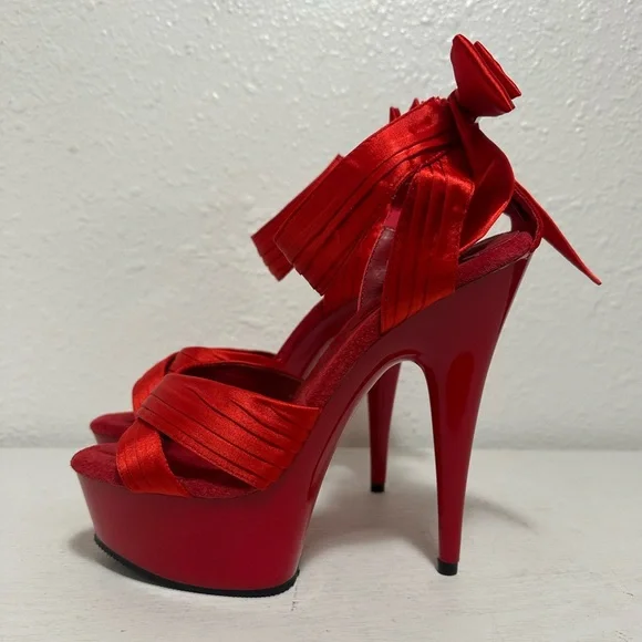 Pleaser delight Red Satin Platform Ankle-Tie High Heel Sandal - Picture 3 of 12